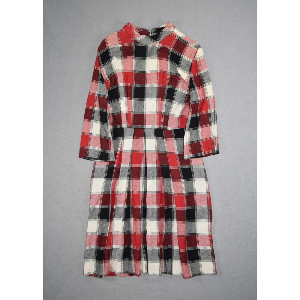 Vintage 60s Dress Womens Small Red Wool Plaid Prairie Midi House Made in USA